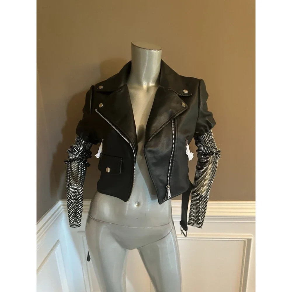 AZALEA WANG RHINESTONE BLING CROP MOTO JACKET SZ LARGE NWT - Picture 2 of 5